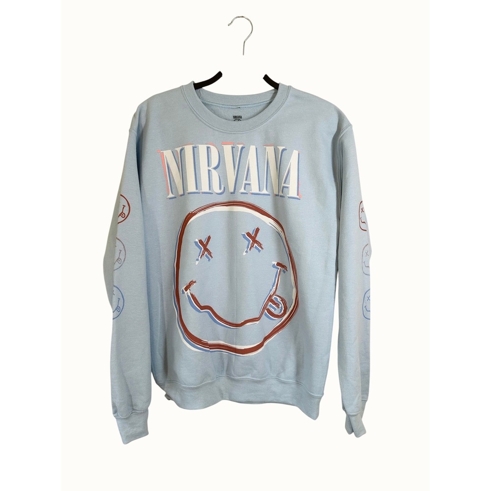 Nirvana Graphic Crewneck Sweatshirt Blue Smiley Face Long Sleeve Size S